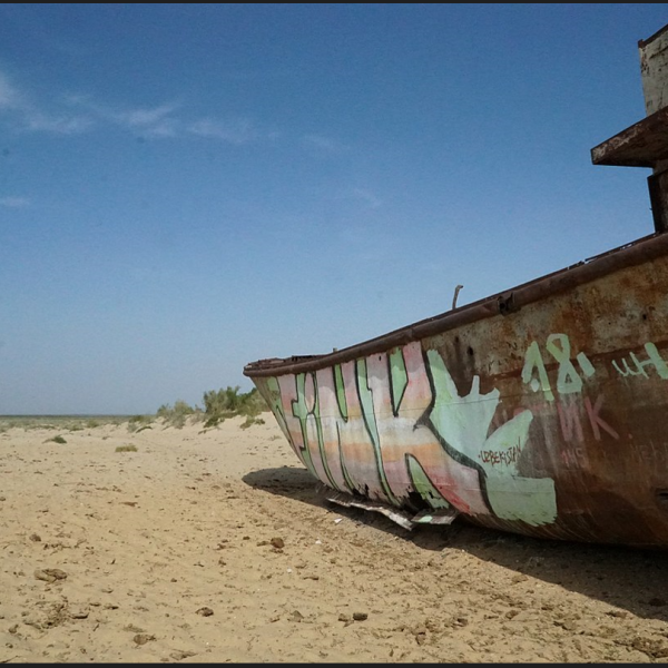 A disused fishing boat on the Aral sea site